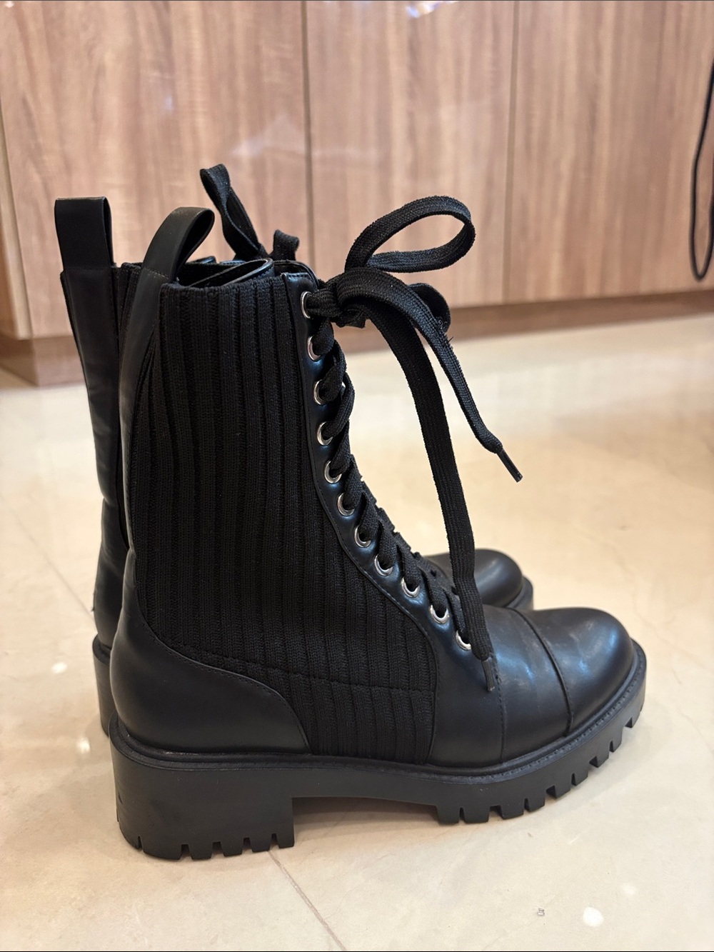 Zara Black Ribbed Lace-Up Combat Boots - Women